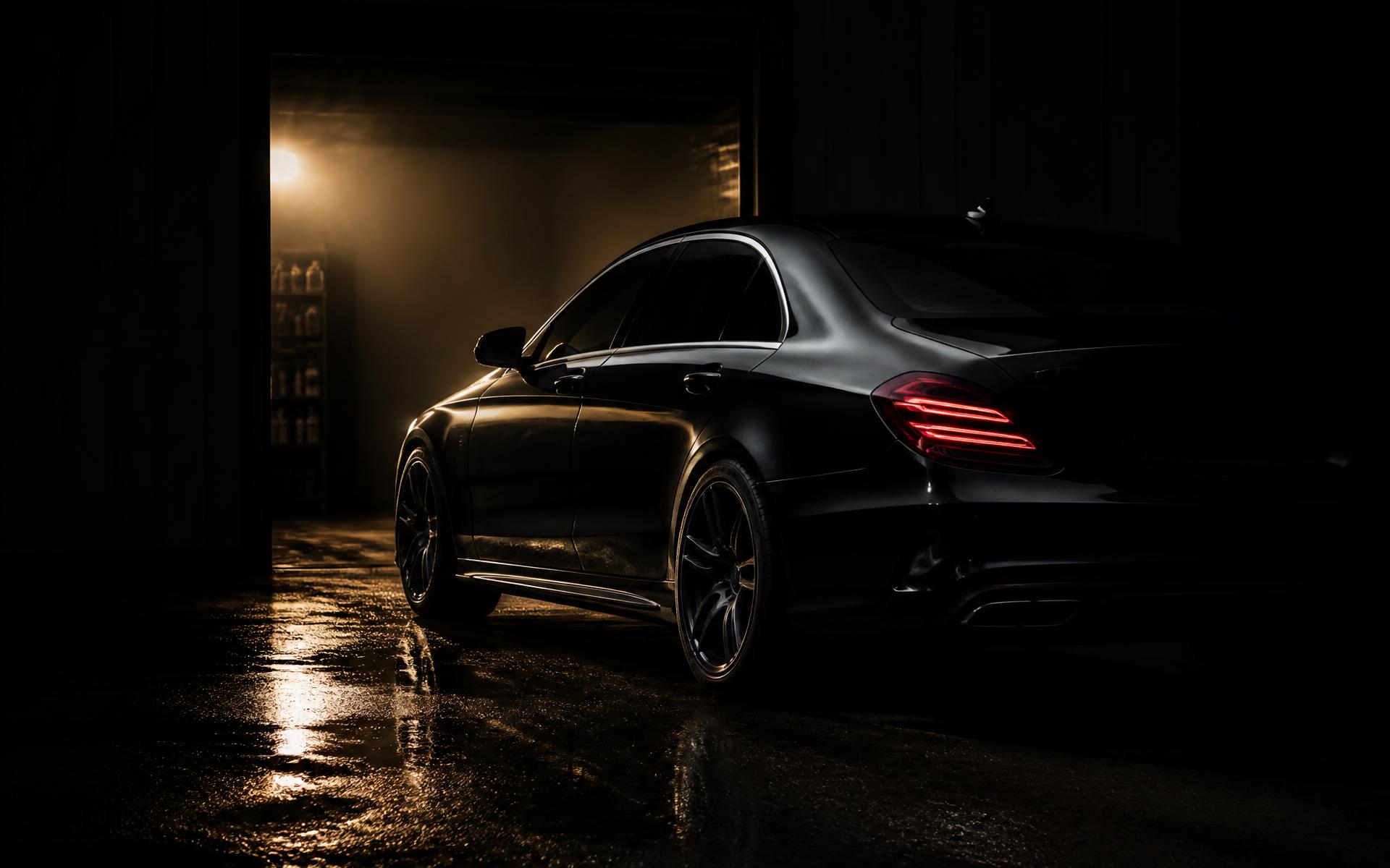 Black luxury sedan leaving a dark detailing studio at night