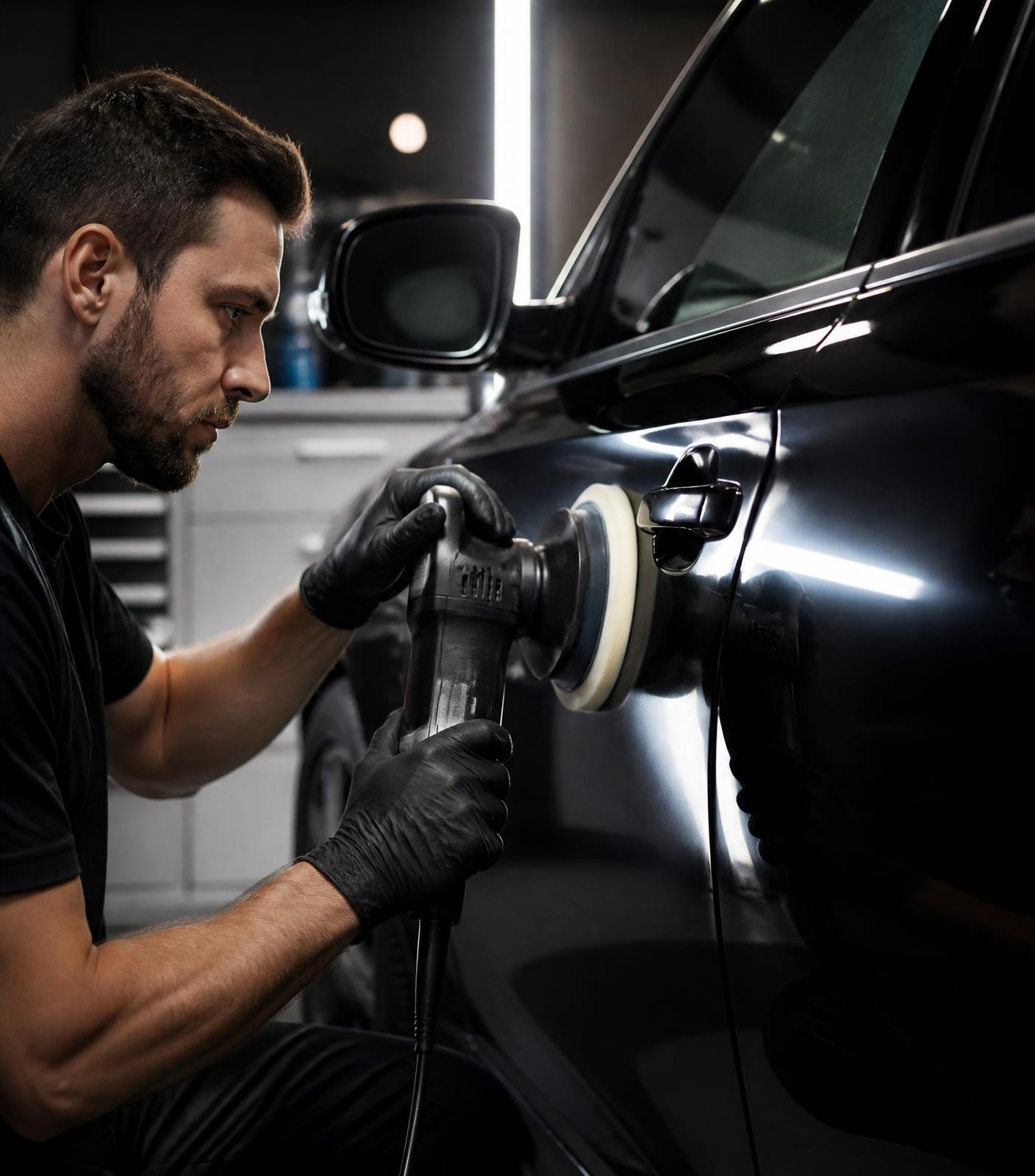 Detailer machine polishing the door of a black sedan under inspection light