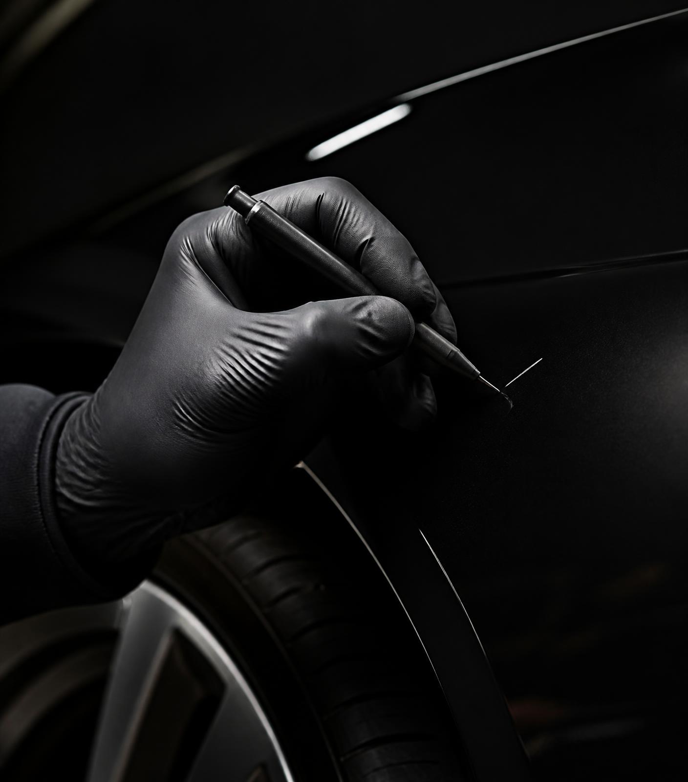 Detailer working a localized scratch on black paint with a precision applicator